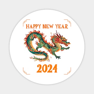 Fantasy Dragon: Happy New Year 2024 in Green, Orange, Red & Yellow! Magnet